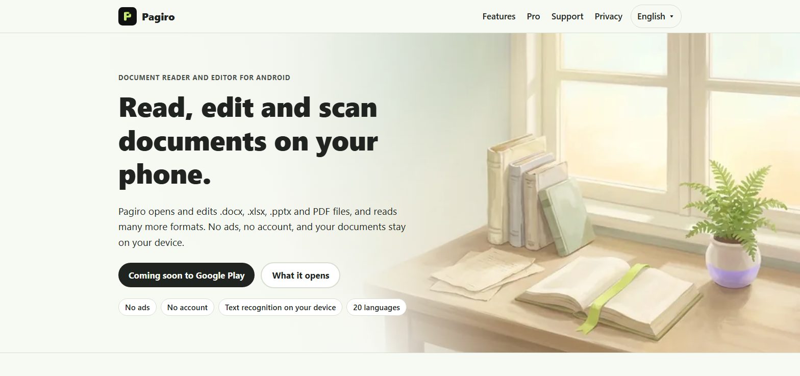 The pagiro.app home page: the headline "Read, edit and scan documents on your phone", a "Coming soon to Google Play" note, and a painted reading desk by a window.